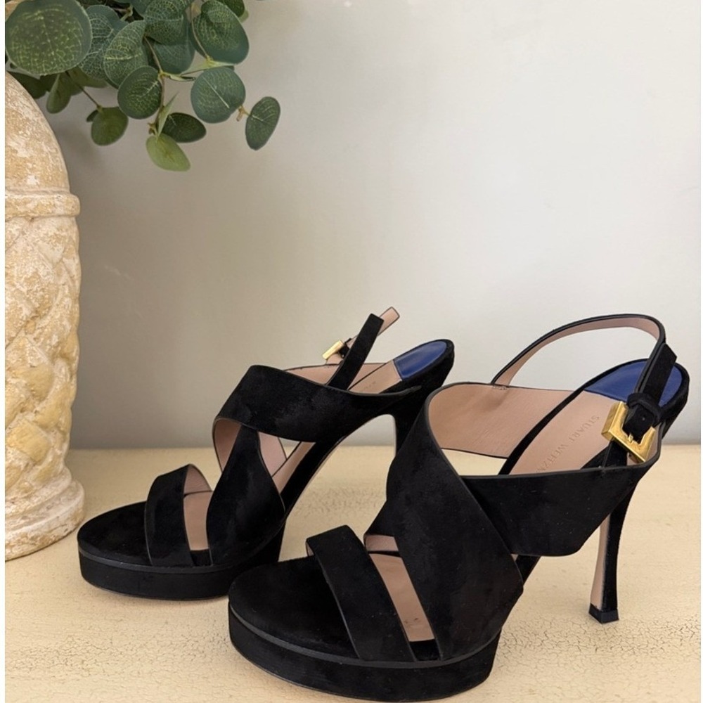 Stuart Weitzman Women Sz 8.5 Black Suede Platform Slingback Heels Gold Buckle